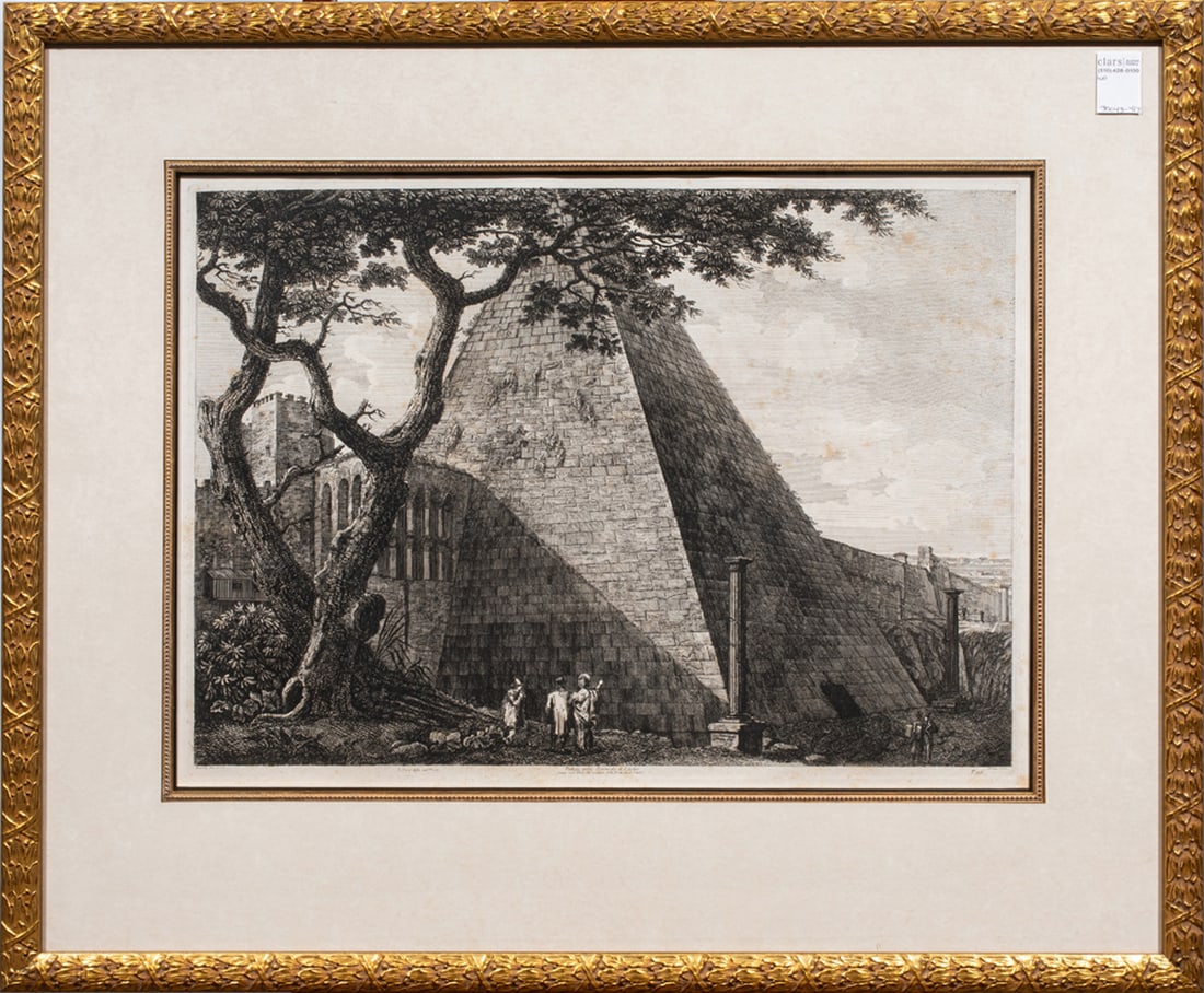 Print, Luigi Rossini: Luigi Rossini (Italian, 1790-1857), Veduta della Piramide di C. Cestio, etching, overall (with frame): 28.5"h x 34.25"w