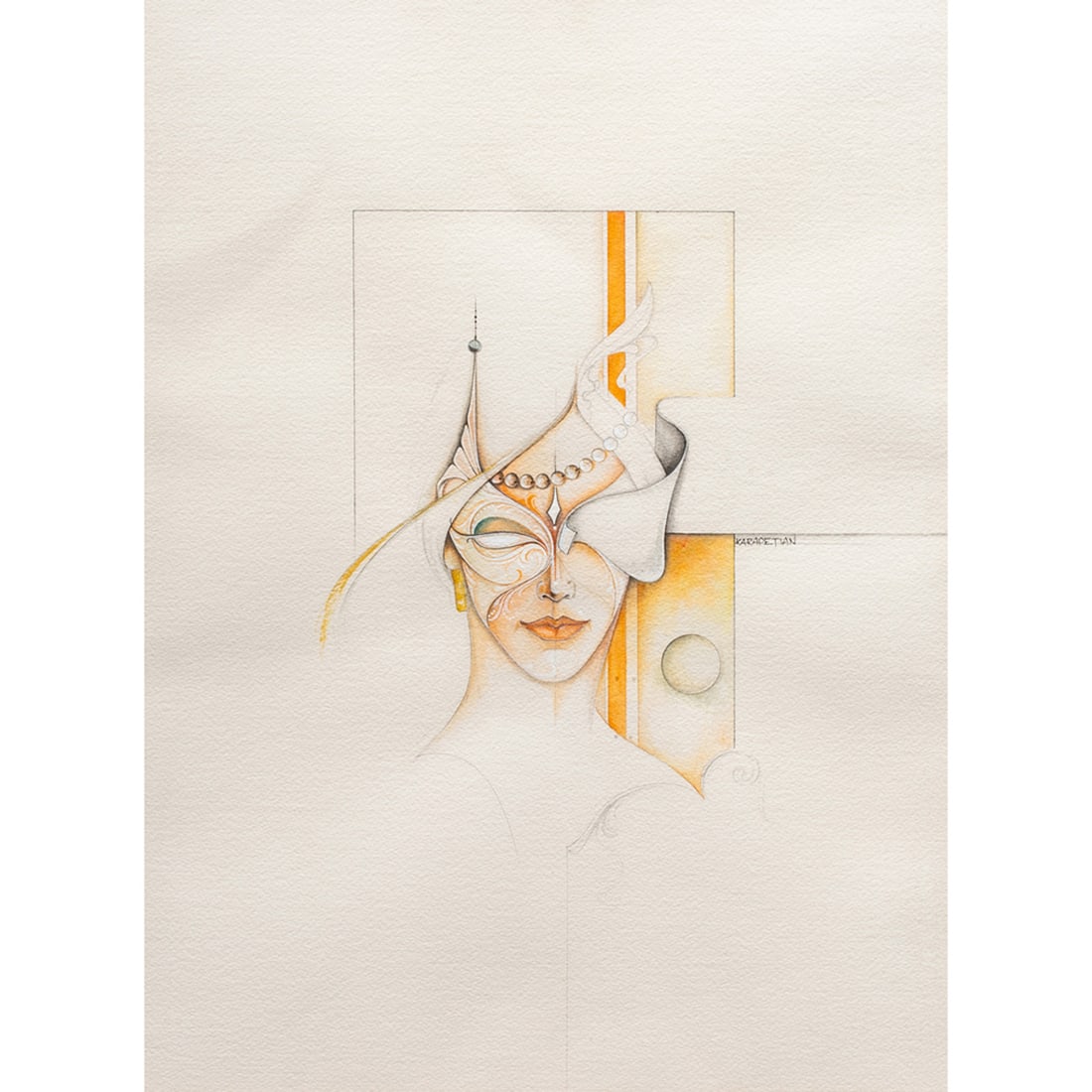Work on paper, Herach Karapetian: Herach Karapetian (Iranian/Armenian, 1943-2006), Portrait of a Young Woman, watercolor and charcoal on paper, signed center right, sight: 23.5"h x 17.5"w, overall (with frame): 30.25"h x 24.25"w