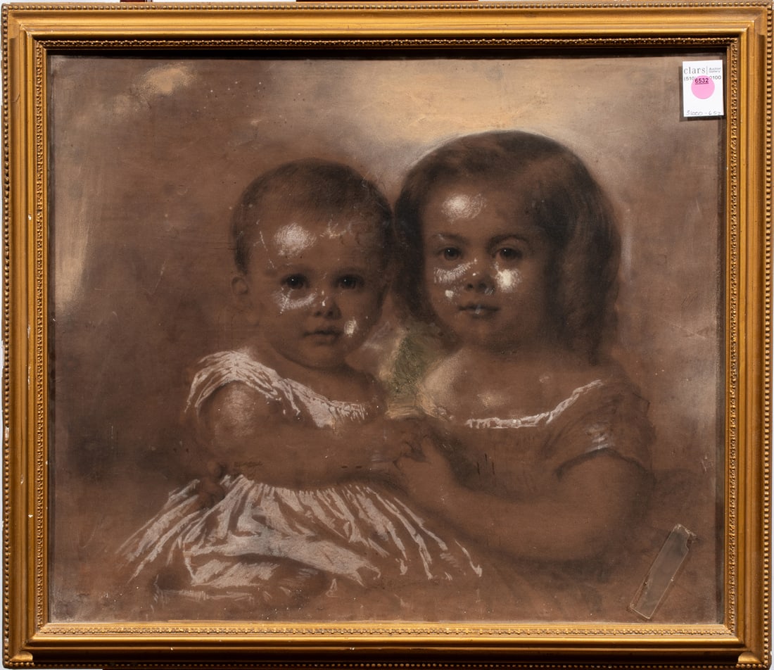 Work on paper, American School (19th/20th century): American School (19th/20th century), Portrait of Two Children, charcoal and pastel on paper, unsigned, overall (with frame): 21.5"h x 24.75"w