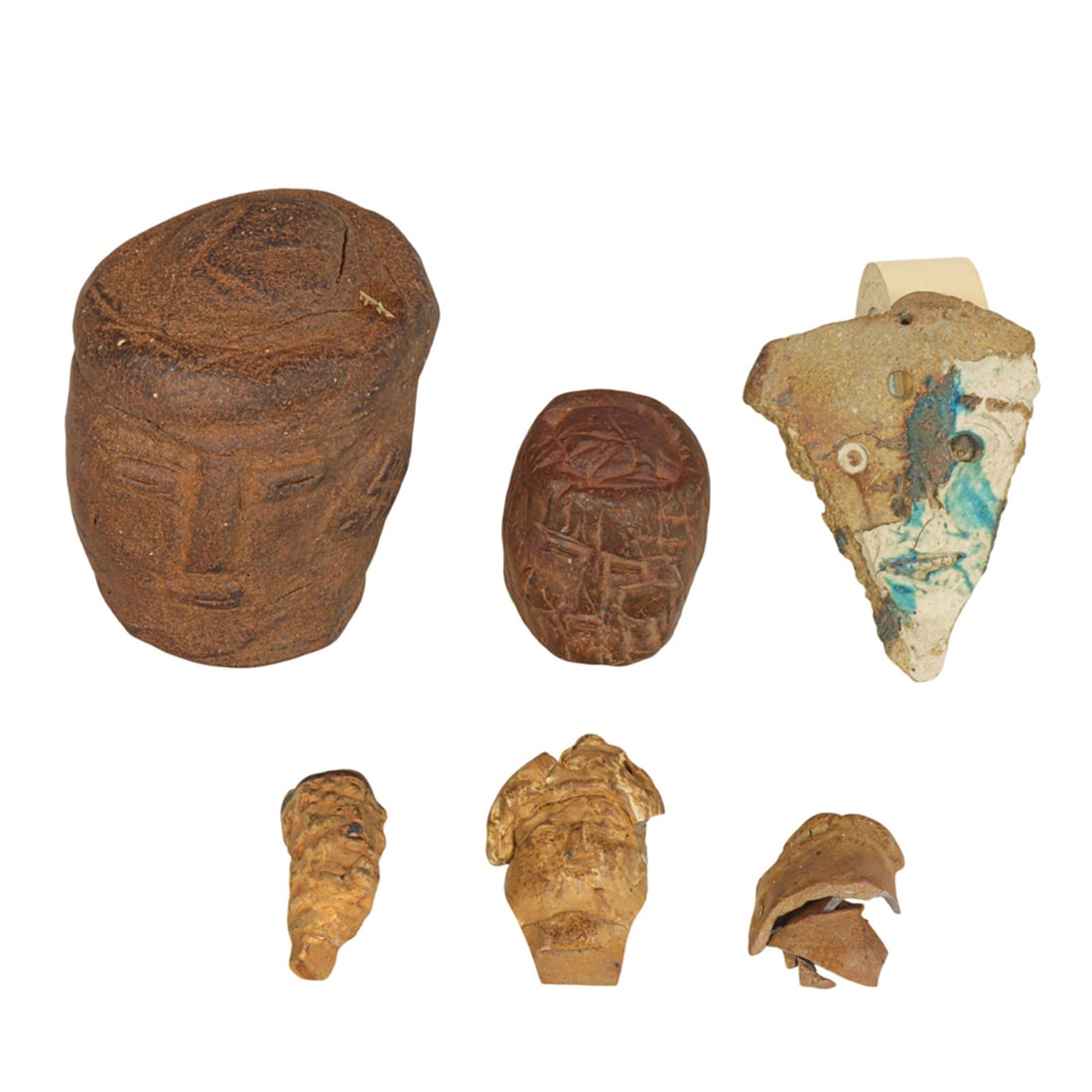 Sculptures, Richard Brennan: (lot of 5) Richard Brennan (American, 20th century), Mask and Totem Objects, ceramics, one inscribed "Viola" verso, overall (for largest): 6"h x 6"w x 4"d. Provenance: Property from the Private