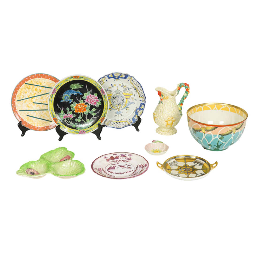 Porcelain Dishes, European, Chinese, and American Schools (20th century): (lot of 9) European, Chinese, and American Schools (20th century), Porcelain Dishes, makers include Clarice Cliff, Lenox, Carlton Ware, Rosenthal, and others, overall (for largest): 9.25"h x 5.75"w x