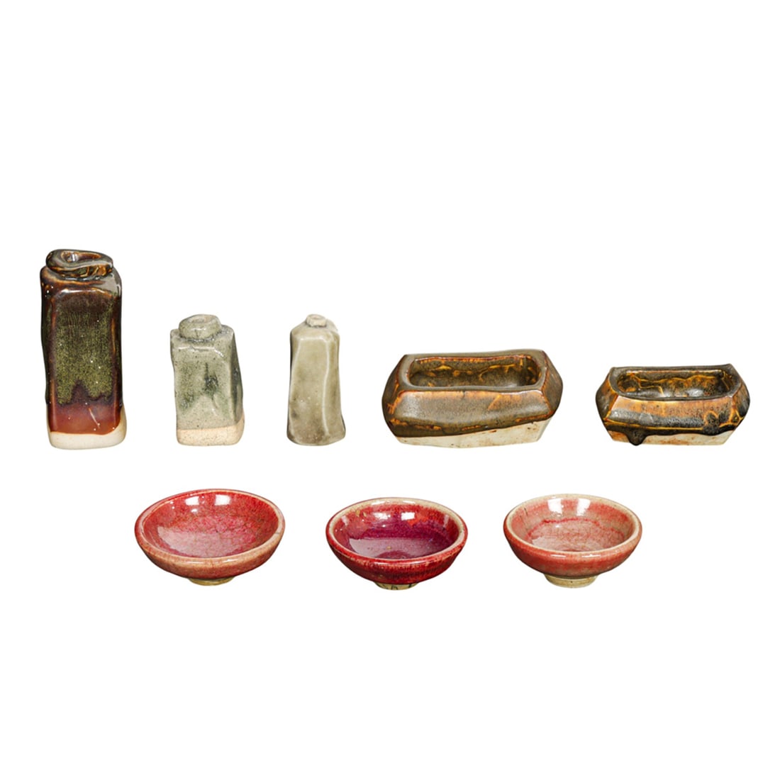 Ceramic Objects, American School (20th century): (lot of 8) American School (20th century), Diminutive Pottery, three glaze test bottle, two octagonal trinket dishes, and three round trinket dishes, some with various indistinct markings, overall