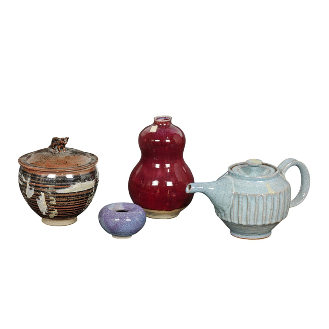 Ceramics, La Paz: (lot of 4) La Paz (American, 20th century), Pottery Objects, ceramic vase, small pot, lidded teapot, and lidded urn with cat finial, each stamped beneath, overall (for largest): 7"h x 6.25"w x 6.25"d.