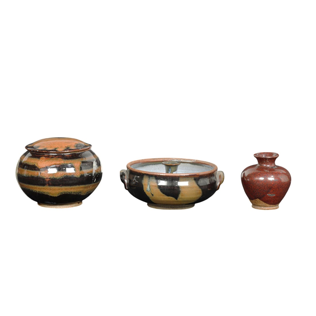 Ceramic Vessels, La Paz: (lot of 3) La Paz (American, 20th century), Brown Glazed Vessels, one ceramic bowl with spout in center, one lidded urn, and one smaller urn, each stamped beneath, overall (for largest): 5"h x 6"w x 6