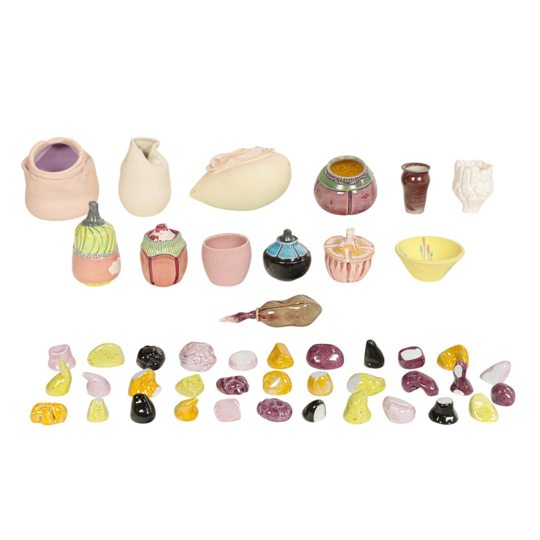Small Trinkets and Vessels, Johanna Gustafson: (lot of approximately 43) Johanna Gustafson (American, 20th century), Trinkets, assorted ceramic vessels, beads, and sculptures, some signed beneath, overall (for largest): 3"h x 2.5"w x 2.5"d.