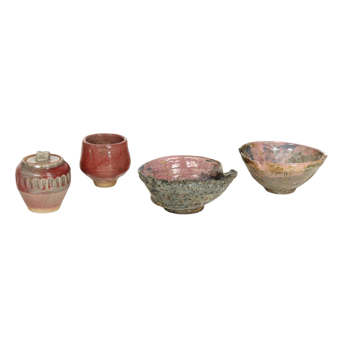 Ceramic Vessels, Richard Brennan: (lot of 4) Richard Brennan (American, 20th century), Pink Toned Vessels, two hand-formed bowls, one pot, and one lidded urn, each with circular mark near base, overall (for largest): 3"h x 6"w x