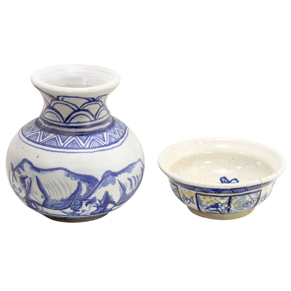 Ceramic Vase and Bowl, Tre Arenz: (lot of 2) Tre Arenz (American, 1953-2003), Blue and White Vessels, c. 1976, ceramic vase and bowl, one signed and dated beneath, overall (for larger): 8.5"h x 8.5"w x 8.5"d. Provenance: Property