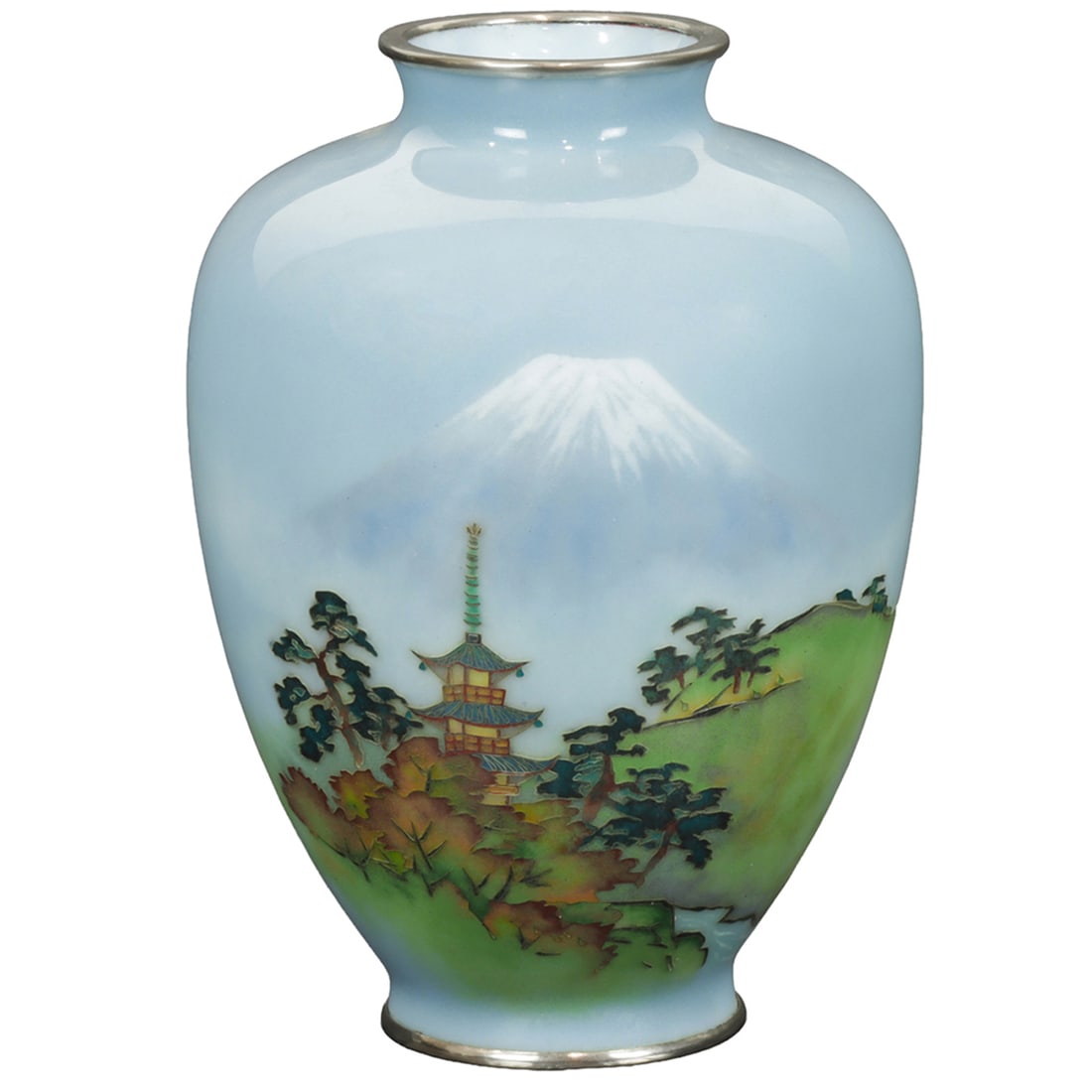 A Japanese cloisonne enamel 'Mt Fuji' vase: A Japanese cloisonne enamel 'Mt Fuji' vase. 20th century, 6.75" high.