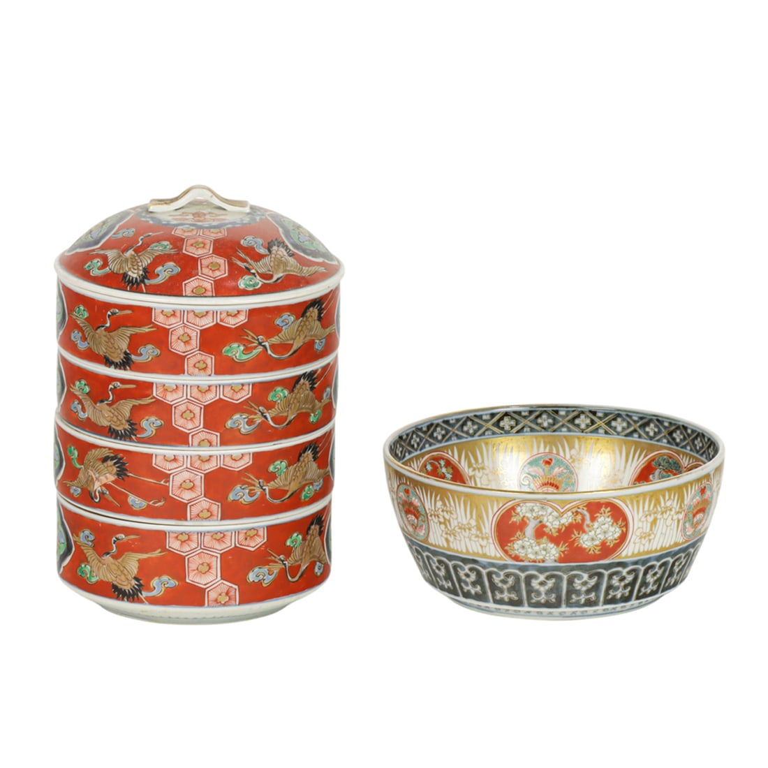 (lot of 2) Japanese Imari stacking food container and bowl
