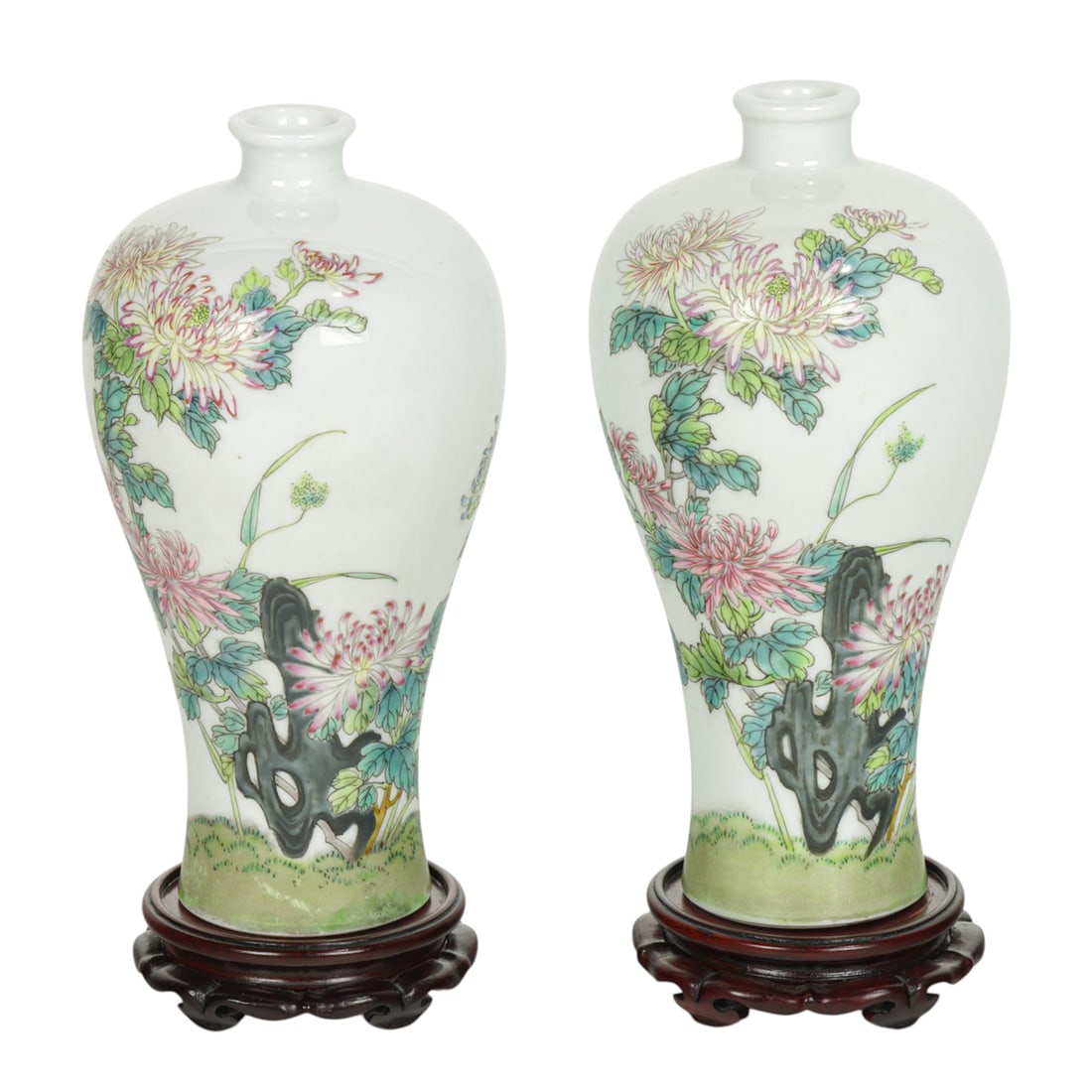 (lot of 2) Chinese famille rose meiping vases: (lot of 2) Chinese famille rose meiping vases. Each with a Qianlong six-character mark, 20th century, 7"high.