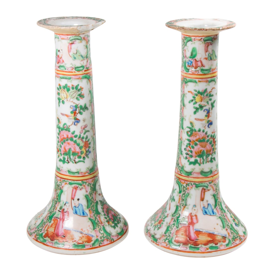 (lot of 2) Chinese Canton rose medallion candle holders: (lot of 2) Chinese Canton rose medallion candle holders. 9.75" high.