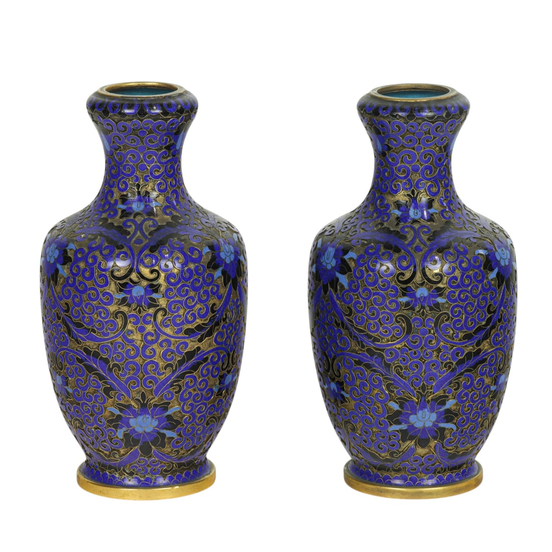 (lot of 2) Chinese cloisonne enamel vases: (lot of 2) Chinese cloisonne enamel vases. Depicting lotus motif, 7.125" high.