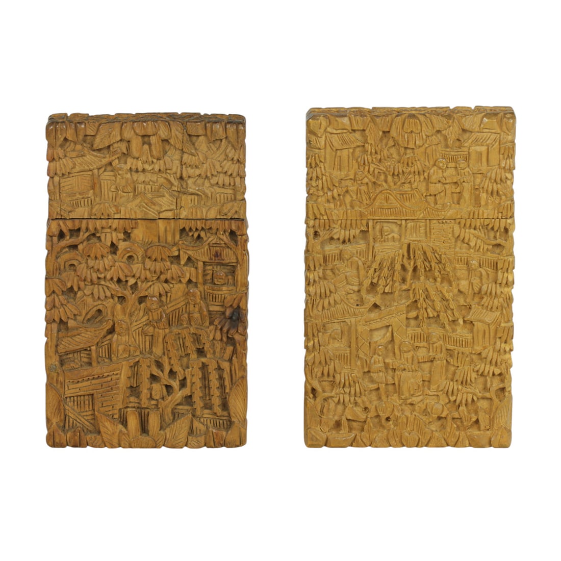 (lot of 2) Chinese export sandalwood card cases: (lot of 2) Chinese export sandalwood card cases. 19th century, 3.75" and 3.875" high.