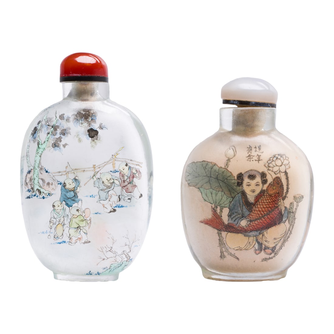 (lot of 2) Chinese inside-painted glass snuff bottles: (lot of 2) Chinese inside-painted glass snuff bottles. Featuring figural motif, 20th century, from 2.5" to 2.75" high.