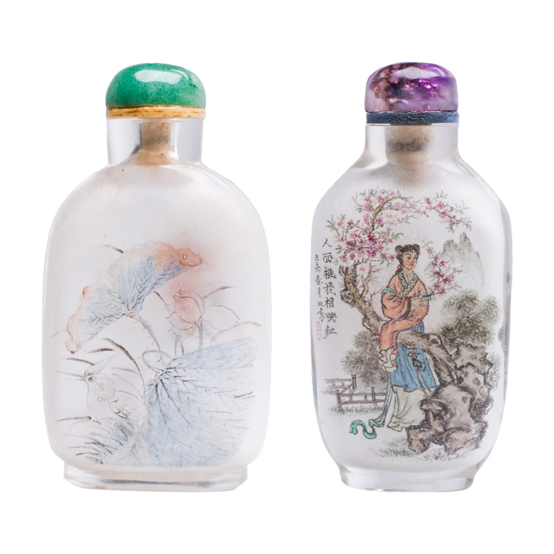 (lot of 2) Chinese inside-painted glass snuff bottles: (lot of 2) Chinese inside-painted glass snuff bottles. Depicting figural motif, 20th century, from 2.5" to 2.875" high.