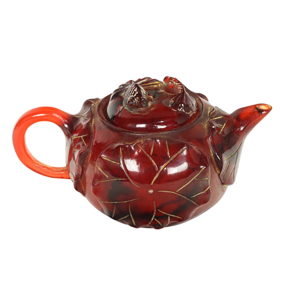 A Chinese amber teapot of circular form: A Chinese amber teapot of circular form. With lily pad decoration and a double goldfish finial, circular gilt decorated seal mark to bottom, 5.75" across. NOTE: UV reactive.
