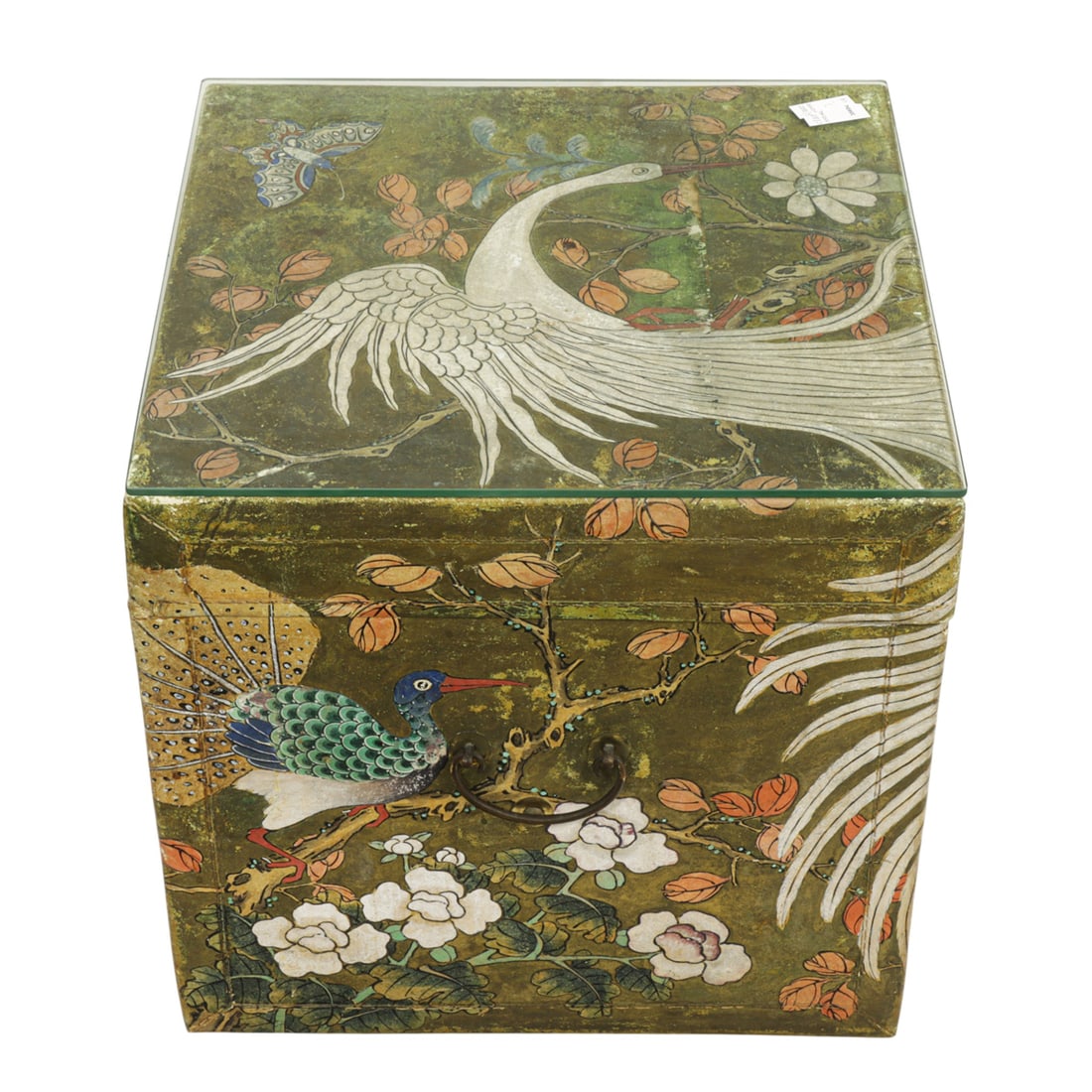 A Chinese painted leather trunk: A Chinese painted leather trunk. 20th century, 18"h x 18.5"w