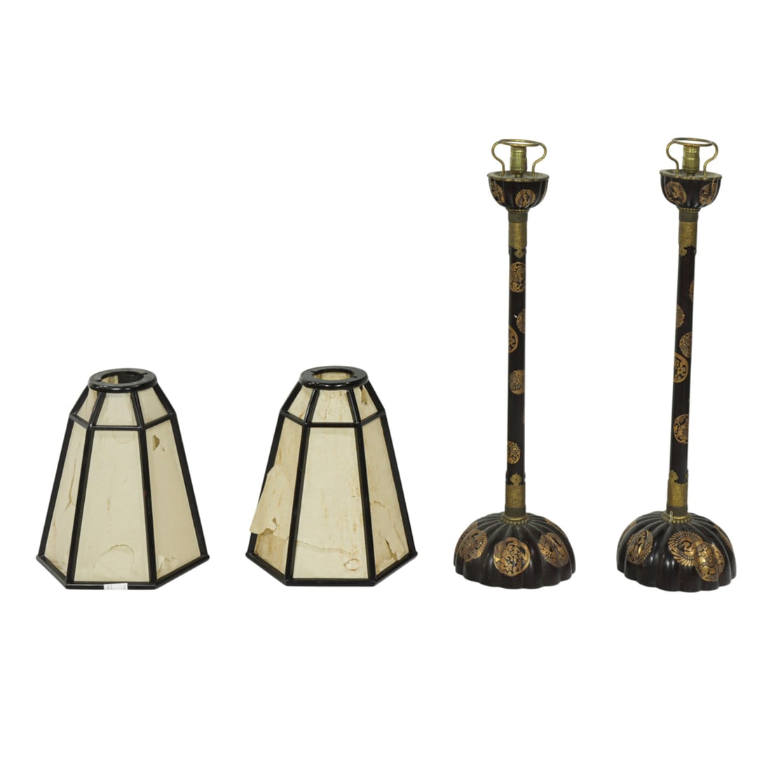 A pair of Japanese black lacquer and gilt shokudai (temple candlesticks)