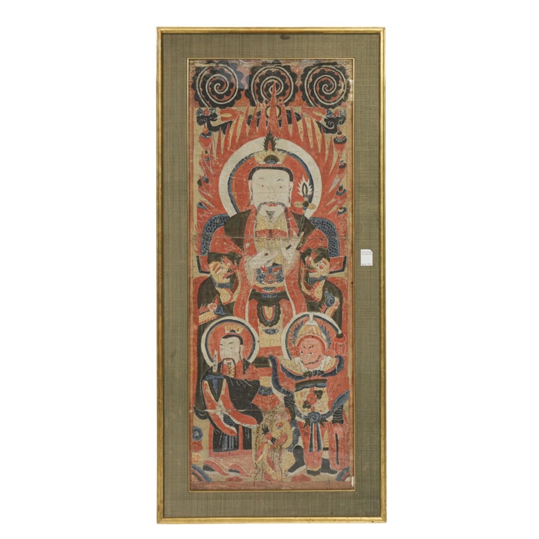 A Chinese Yao ceremonial temple painting: A Chinese Yao ceremonial temple painting. Ink and color on paper, 19th century, framed and glazed, 46"h x 17.5"w excluding the frame.