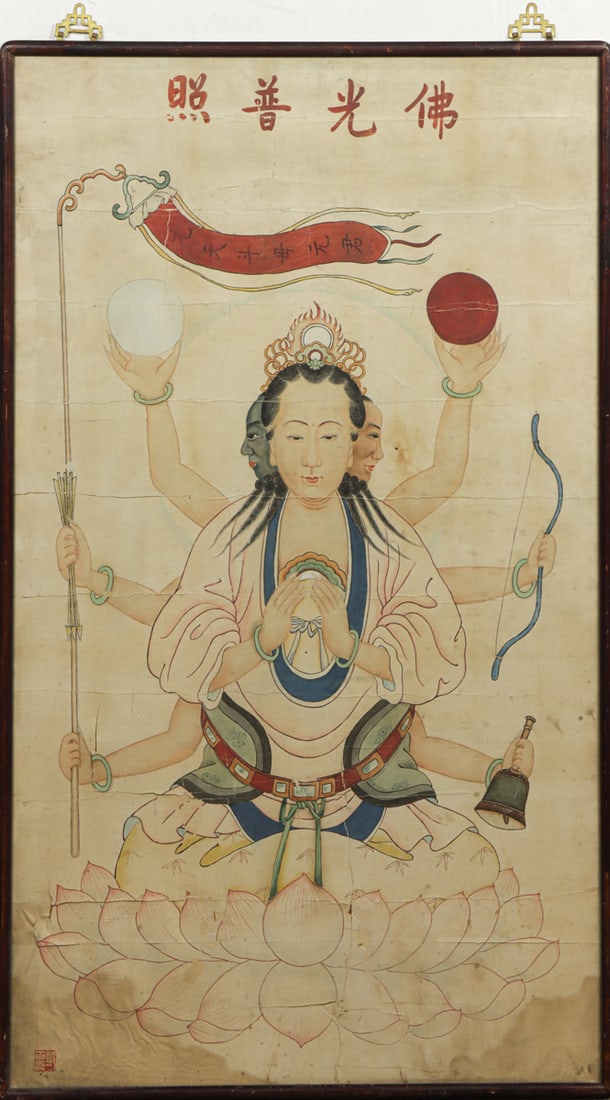 Chinese School - Guanyin: Chinese School - Guanyin. Ink and color on paper, framed and glazed, 47.625"h x 27.5"w.