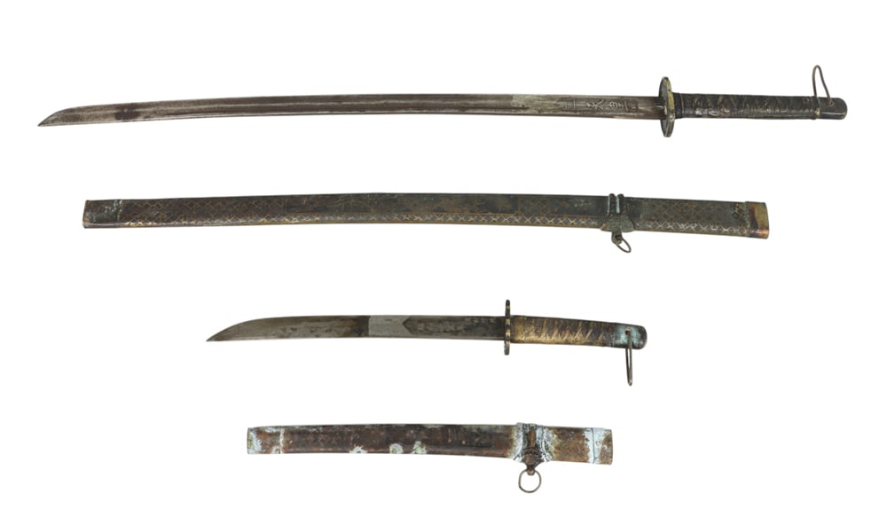 (lot of 2) Japanese style swords: (lot of 2) Japanese style swords. 20th century, 18" and 34" long.