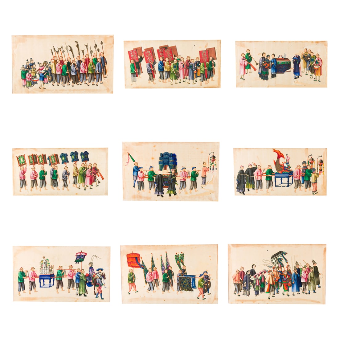 (lot of 9) Chinese export pith paper paintings: (lot of 9) Chinese export pith paper paintings. Featuring various groups in a wedding procession, circa 1820-1840, from 6"h x 12"w to 7.5"h x 12.25"w.