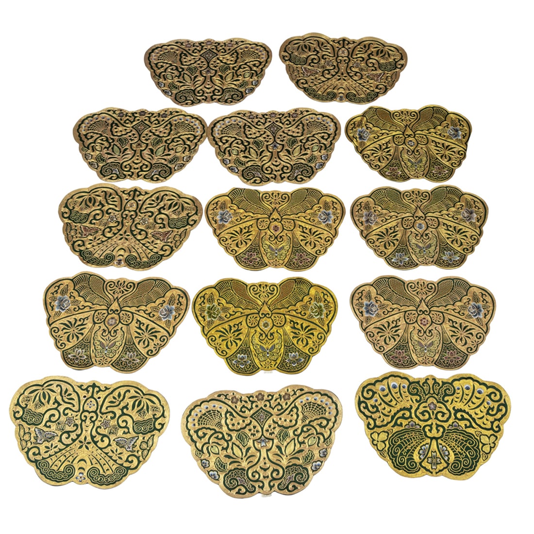(lot of 14) Chinese embroidered silk 'butterfly' panels: (lot of 14) Chinese embroidered silk 'butterfly' panels. Of butterfly form with radiating floral and foliate motif, 20th century, 12.375"h x 18"w.