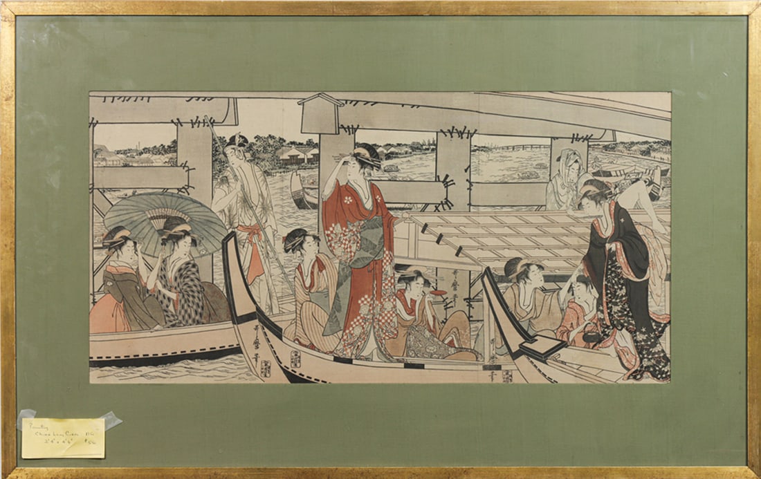 A Japanese triptych woodblock print: A Japanese triptych woodblock print. Ink and color on paper, framed and glazed, 14.75"h x 29.5"w excluding the frame.