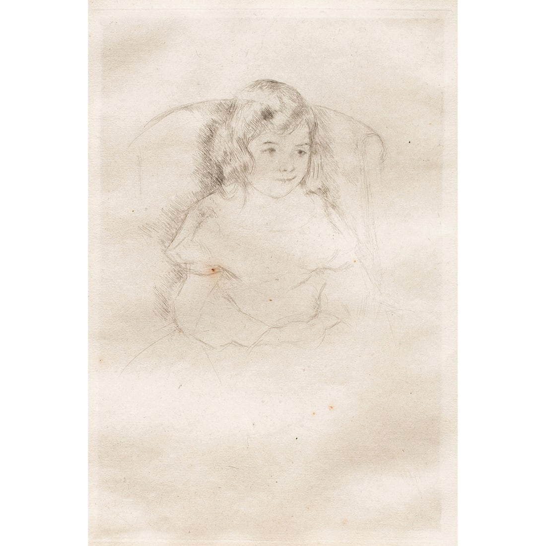Print, Mary Cassatt: Mary Cassatt (American, 1844–1926), "Sarah Smiling," circa 1904, etching, unsigned, image: 9.25"h x 6.25"w, overall (with frame): 20.25"h x 16.5"w. Note: Proceeds from the sale of this lot will be