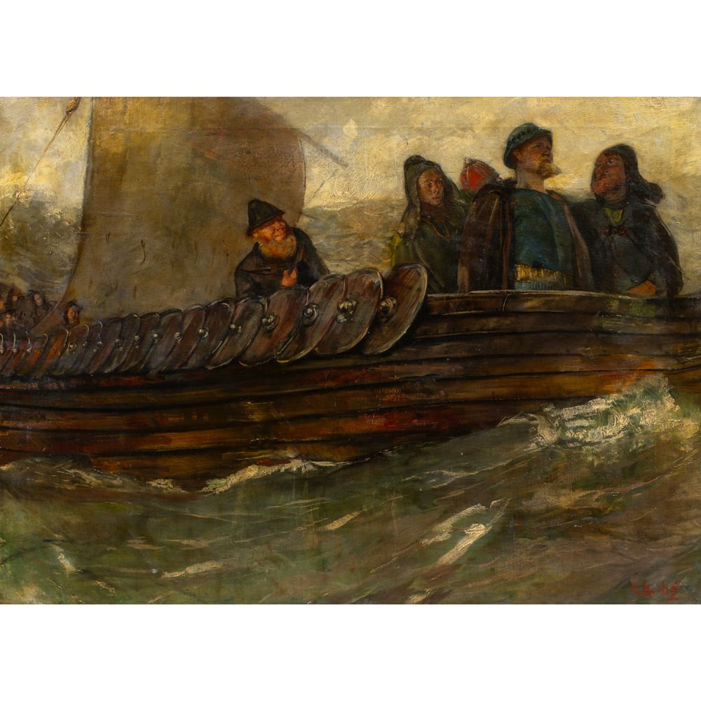 Painting, Christian Krohg: Christian Krohg (Norwegian, 1852-1925), Viking Vessel, oil on canvas, signed lower right, canvas: 37.5"h x 52"w, overall (with frame): 46"h x 60"w