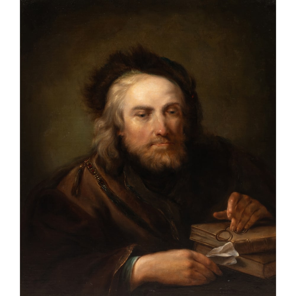 Painting, Giuseppe Nogari: Giuseppe Nogari (Italian, 1699-1763) After Gerrit Dou (Dutch, 1613-1675), "Portrait of a Scholar," oil on canvas, sight: 27"h x 23"w, overall: 37.5"h x 34"w