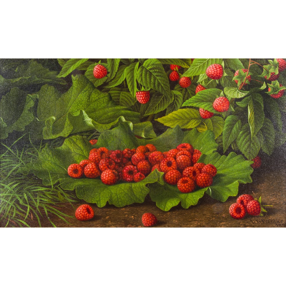 Painting, Levi Wells Prentice: Levi Wells Prentice (American, 1851-1935), Still Life with Raspberries, 1898, oil on canvas, signed and dated lower right, canvas: 9"h x 15"w, overall (with frame): 16.5"h x 22.5"w