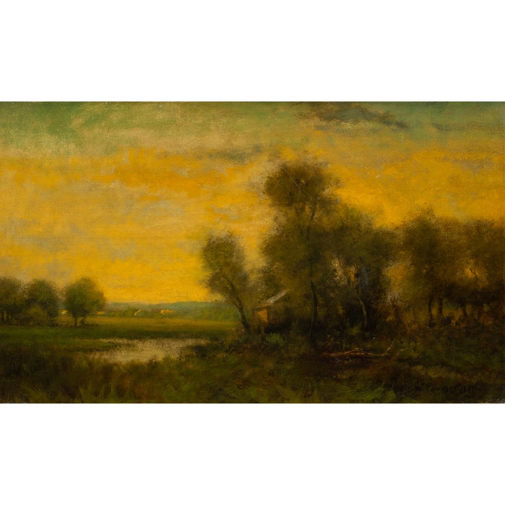 Painting, Circle of George Inness: Circle of George Inness (American, 1825-1894), "In the Connecticut Valley," 1887, oil on canvas, bears signature and date lower right, canvas: 12"h x 20"w, overall (with frame): 21.25"h x 29"w