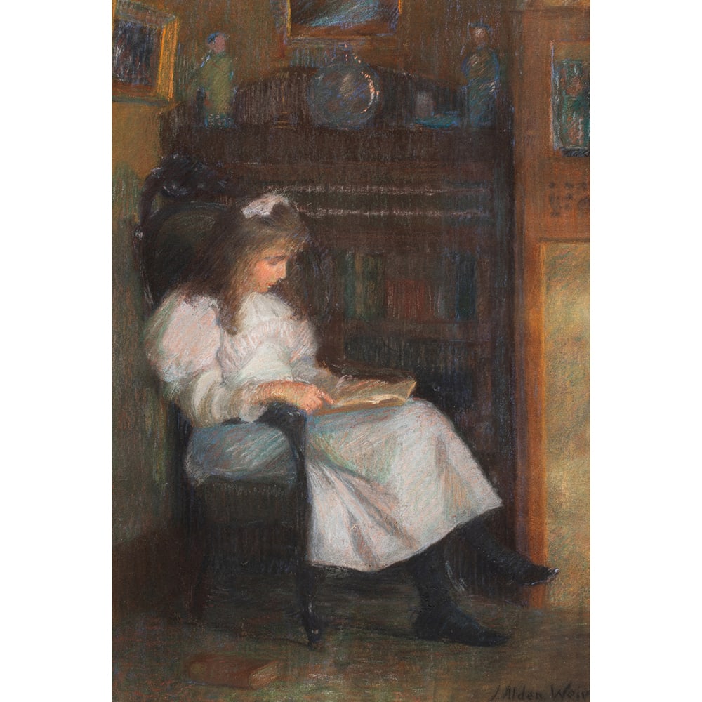 Pastel, Julian Alden Weir: Julian Alden Weir (American, 1852-1919), Untitled (In the Library), pastel, signed lower right, sight: 22"h x 15"w, overall (with frame): 30.25"h x 23.25"w