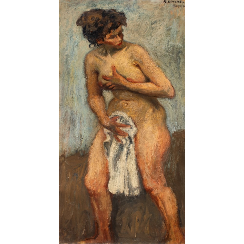 Painting, Raphael Soyer: Raphael Soyer (American, 1899-1987), "Portrait of Lily Harmon Bathing," oil on canvas, signed upper right, sight: 20"h x 9.5"w, overall (with frame): 29"h x 19"w