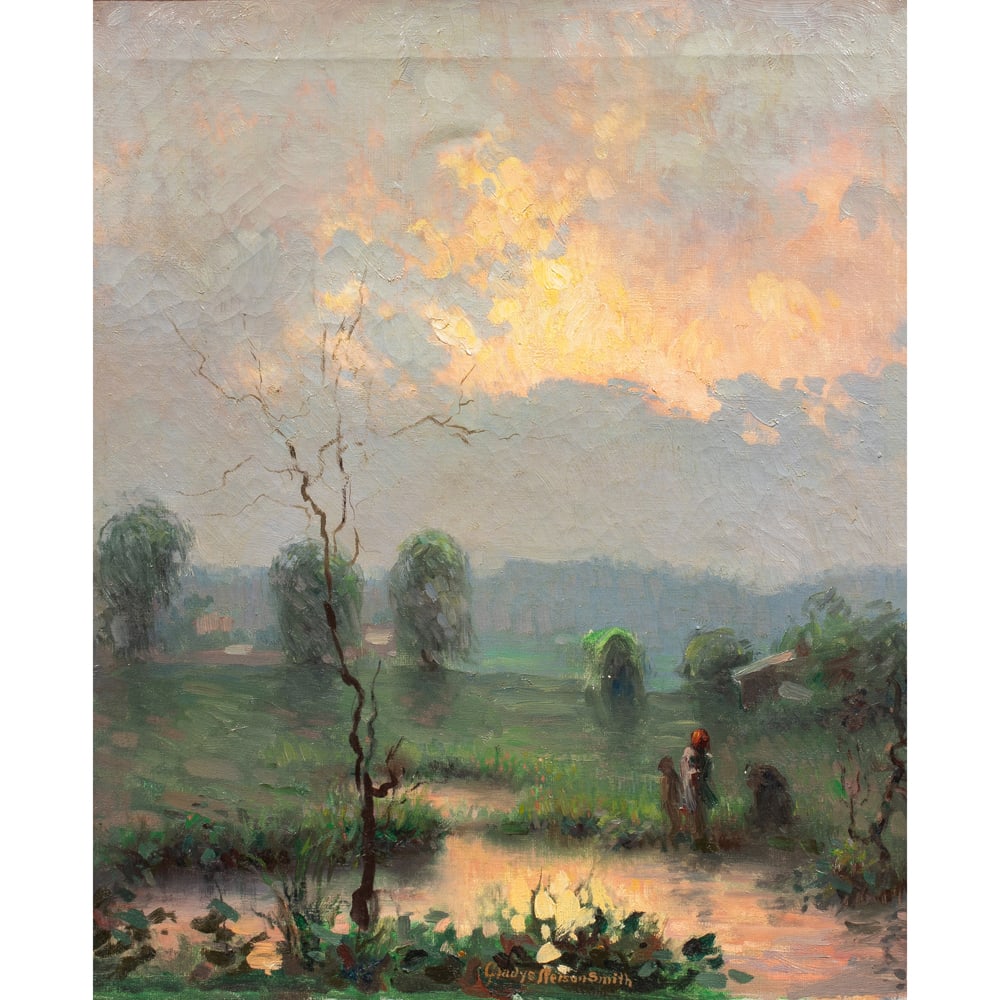 Painting, Gladys Nelson Smith: Gladys Nelson Smith (American, 1890-1980), "Afterglow," oil on canvas, signed lower center, canvas: 24"h x 20"w, overall (with frame): 32"h x 28"w
