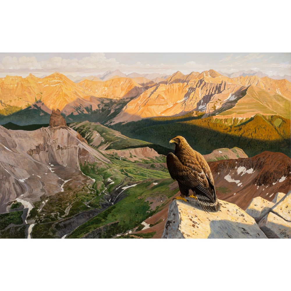 Painting, Ralph Oberg: Ralph Oberg (American, b. 1950), "Golden Country (San Juan Mountains, Colorado)," 1986, oil on canvas, signed and dated lower right, title placard affixed verso, signed, titled, and dated verso,