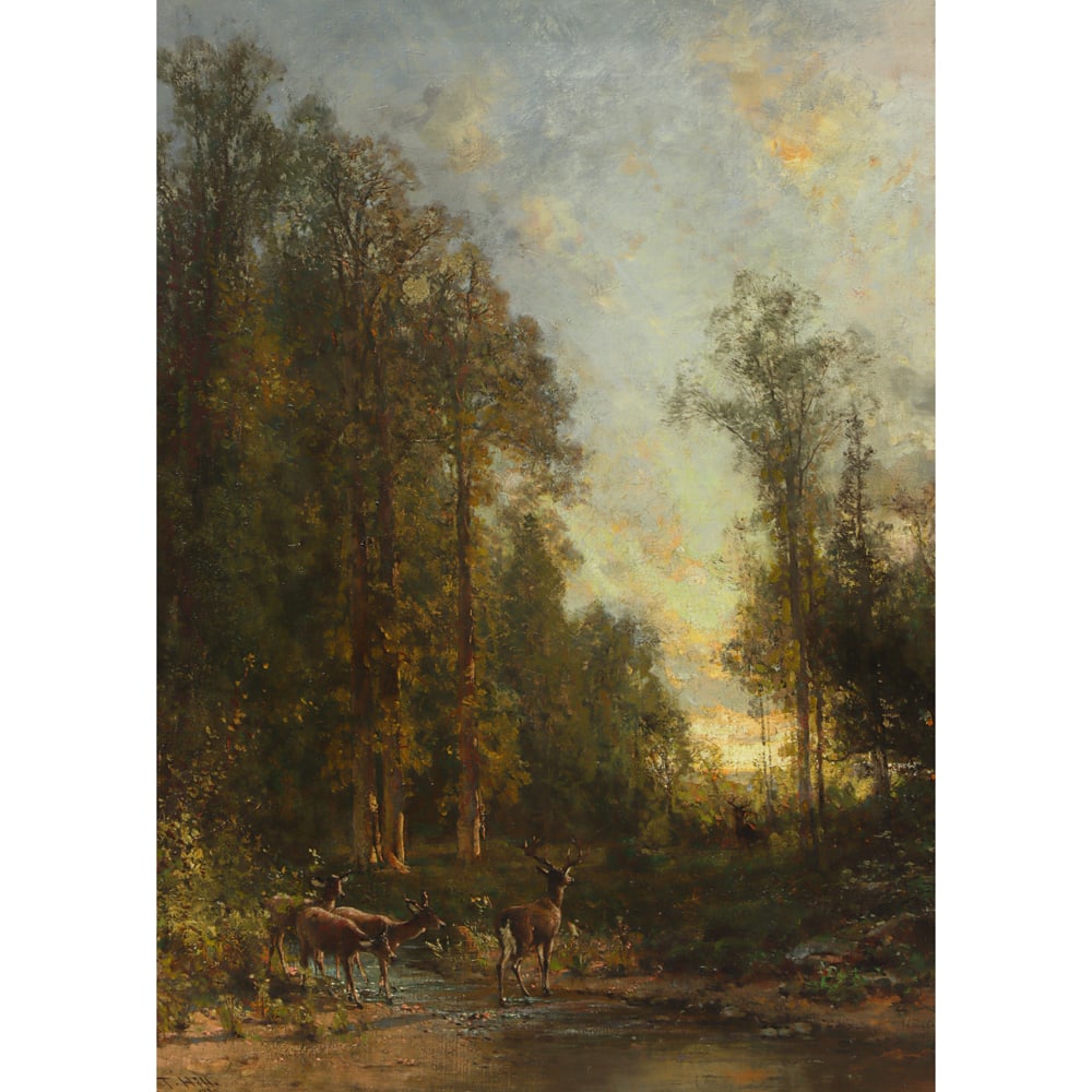 Painting, Thomas Hill: Thomas Hill (American, 1829-1908), The Intruder, 1888, oil on canvas, signed and dated lower left, canvas: 36.25"h x 27.25"w, overall (with frame): 44.25"h x 34"w