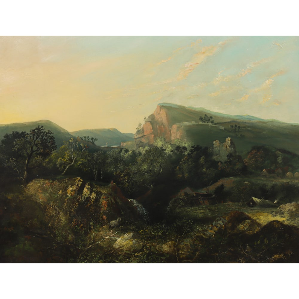 Painting, Thomas Hill: Thomas Hill (American, 1829-1908), Mining Encampment in the Valley, oil on canvas, signed lower left, canvas: 28"h x 36"w, overall (with frame): 33.5"h x 41"w