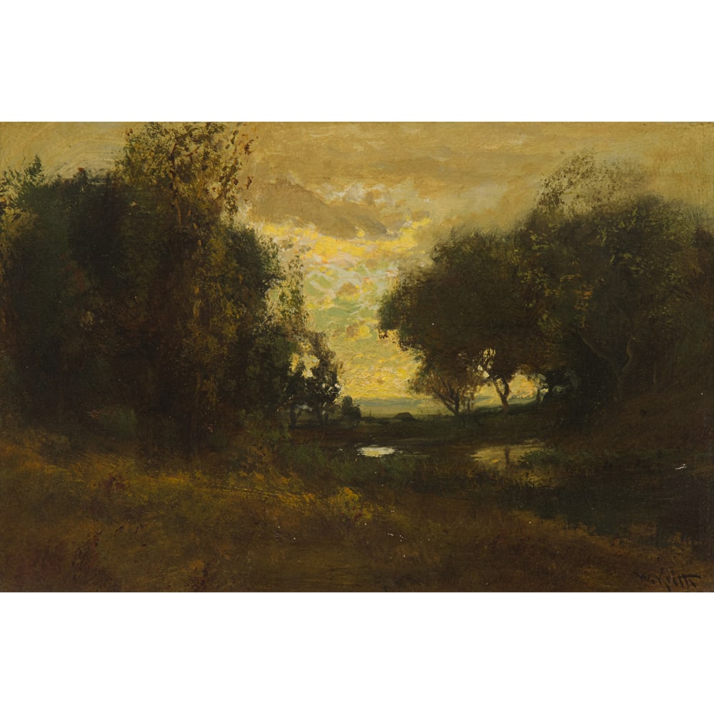 Painting, William Keith: William Keith (American/Scottish, 1838-1911), Twilight Landscape, oil on canvas, signed lower right, canvas: 23.25"h x 15.5"w, overall (with frame): 27.5"h x 20"w