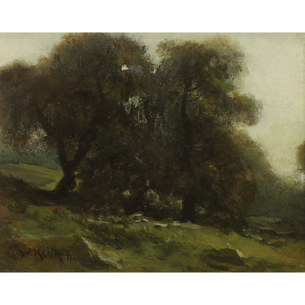 Painting, William Keith: William Keith (American/Scottish, 1838-1911), Trees on a Hill, 1871, oil on canvas, signed and dated lower left, gallery label (Paul Metcalf Gallery of Art, Los Angeles, CA) affixed verso, canvas: