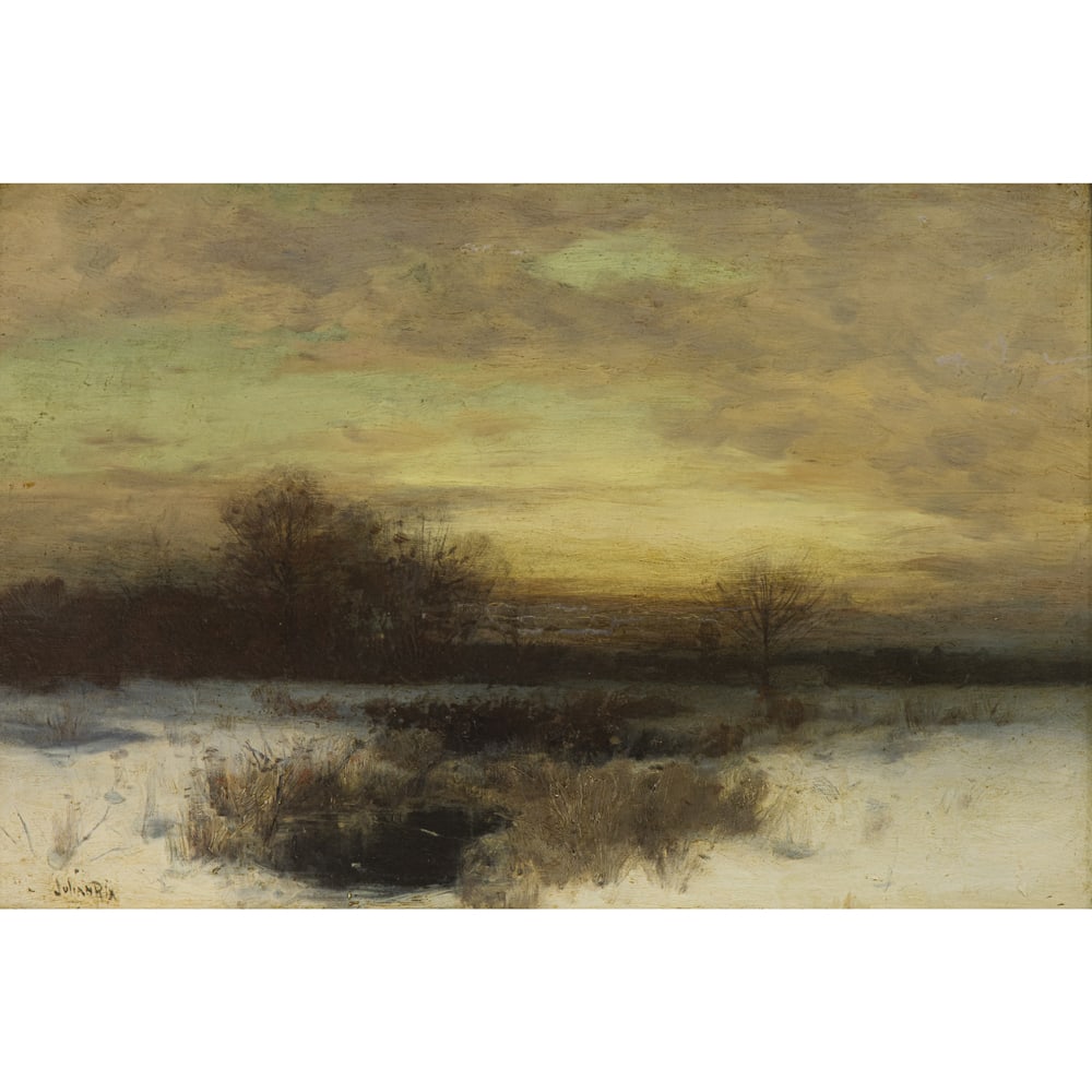 Painting, Julian Rix: Julian Rix (American, 1850-1903), Snowy Wooded Scene at Dusk, oil on panel, signed lower left, panel: 14"h x 20"w, overall (with frame): 17"h x 23.5"w