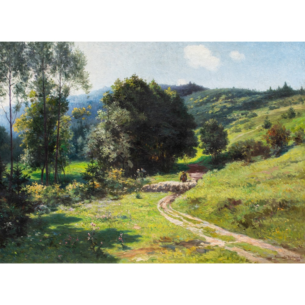 Painting, Granville Redmond: Granville Redmond (American, 1871-1935), Heading Home, 1910, oil on canvas, signed and dated lower right, gallery labels (Venables Galleries, Washington, DC) affixed verso, canvas: 32.75"h x 43.25"w, 