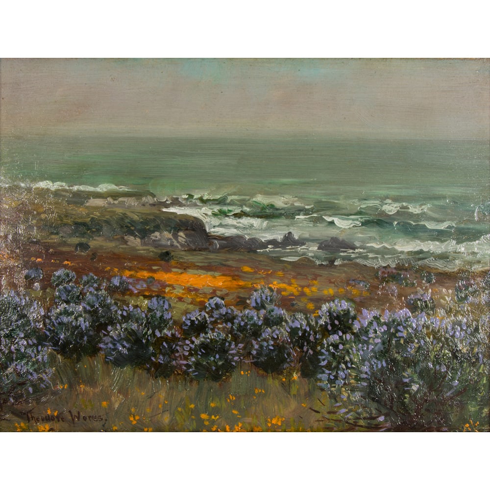 Painting, Theodore Wores: Theodore Wores (American, 1859-1939), Monterey, California, oil on board, signed lower left and signed and titled verso, board: 9.25"h x 12.25"w, overall (with frame): 1525"h x 18.25"w