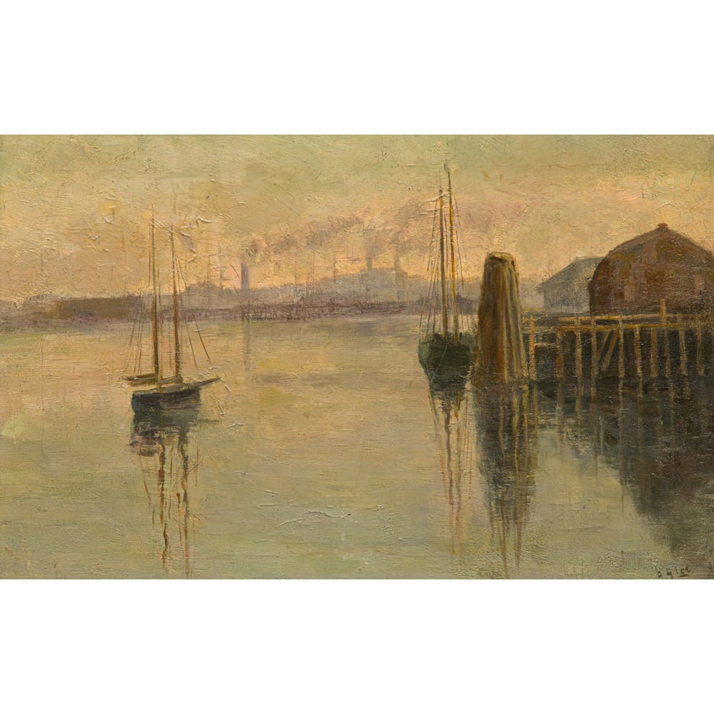 Painting, Bertha Stringer Lee: Bertha Stringer Lee (American, 1869-1939), "Oakland Estuary," oil on board, signed lower right, artist studio label affixed verso, board: 11"h x 17"w, overall (with frame): 16.5"h x 22.5"w