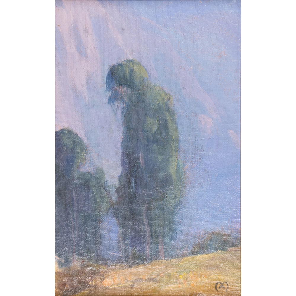 Painting, Xavier Martinez: Xavier Martinez (American/Mexican, 1849-1963), Eucalyptus, oil on board, monogrammed lower right, board: 8"h x 5"w, overall (with frame): 13"h x 10"w