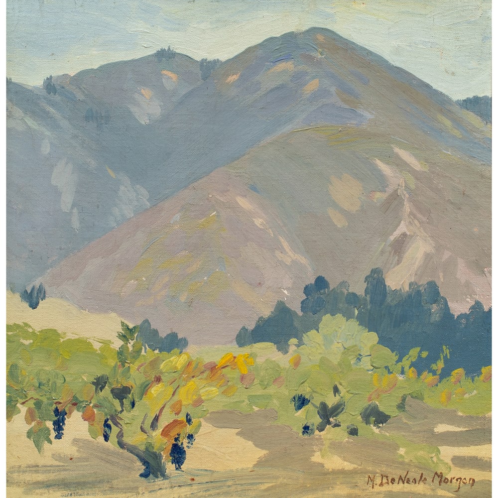 Painting, Mary DeNeale Morgan: Mary DeNeale Morgan (American, 1868?1948), Carmel Valley, oil on canvas board, signed lower right, board: 16"h x 16"w, overall (with frame): 21.5"h x 2.5"w