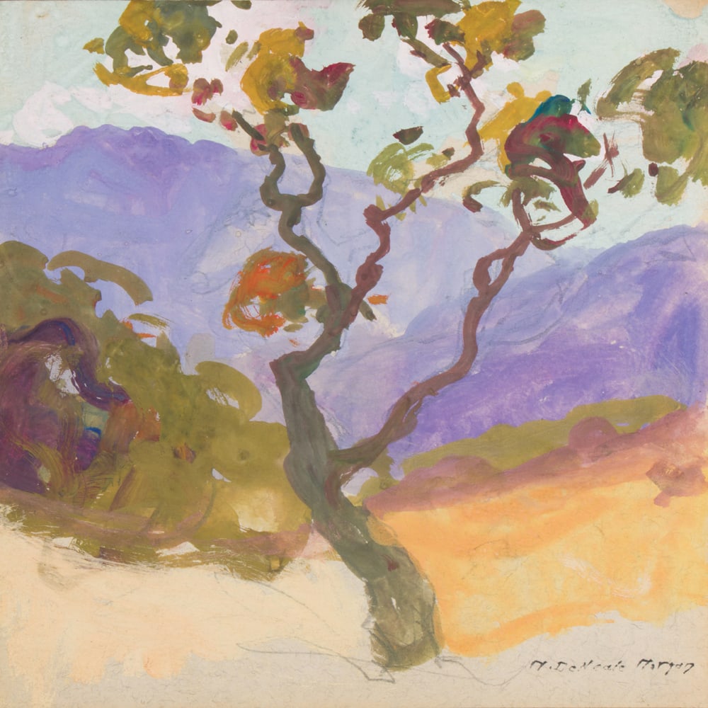 Watercolor, Mary DeNeale Morgan: Mary DeNeale Morgan (American, 1868-1948), Purple Mountains, watercolor and gouache, signed lower right and estate-stamped verso, sheet: 6"h x 6"w, overall (with frame): 11.5"h x 11.5"w