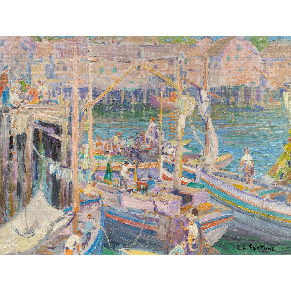 Painting, E. Charlton Fortune: E. Charlton Fortune (American, 1885-1969), "Unloading the Catch, Monterey," oil on canvas board, signed lower right, title inscribed verso board: 11.5"h x 15.5"w, overall (with frame): 18"h x 22"w