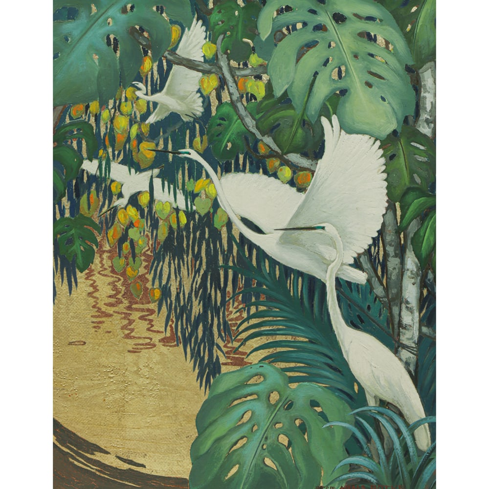 Painting, Jessie Arms Botke: Jessie Arms Botke (American, 183-1971), Untitled (Egrets), oil and gold leaf on masonite, signed lower right, board: 20"h x 16"w, overall (with frame): 24.75"h x 20.75"w